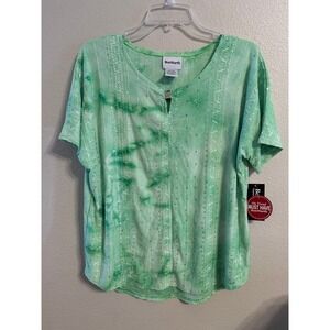 Bon Worth Green Tie Dye Sequins Embellished Short Sleeve V Neck Top Size M
